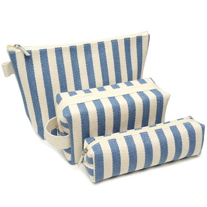 3 Pcs Makeup Bag Set Striped Canvas Purse Cosmetic Bag For Women Travel Toiletry Pouch Organizer pencil case (Blue-White) - color: Blue-White