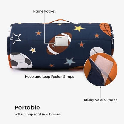 PHF Soft Toddler Nap Mat with Removable Pillow, Rollup Design Kids Sleeping Mat, Slumber Bags for Boys, 55"x23" Toddler Sleeping Bag for Daycare Preschool Travel Camping, Ball - color: Ball