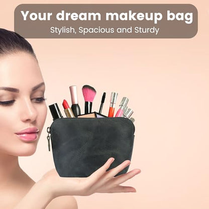 Full Grain Leather Cosmetic Bag – Zippered Makeup Pouch for Women, Small Travel Toiletry & Organizer Pouch for Purse, Premium Handmade Leather (5 × 4 × 2.5 in) - color: Green