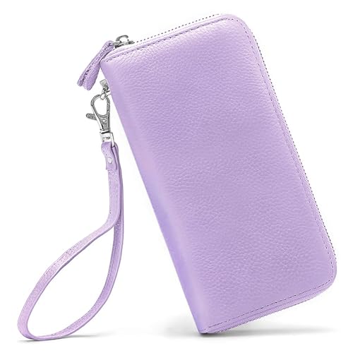 Moflycom Womens Wallet RFID Blocking Genuine Leather Zip Around Wallet Clutch Wristlet Travel Long Purse for Women - color: Light Purple
