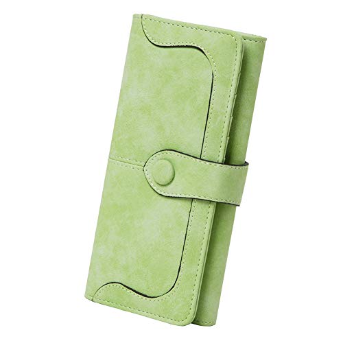 Women's Vegan Leather 17 Card Slots Card Holder Long Big Bifold Wallet - color: Light Green