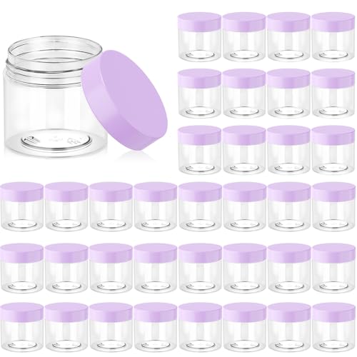Eternal Moment 36 Pack 2 OZ Plastic Jars Round Clear Cosmetic Container Jars with Purple Lids, Perfect for Lotion, Slime，Cream, Ointments, Makeup, Eye Shadow, Samples, Pot, Travel Storage - color: Purple Lid, size: 2 Ounce