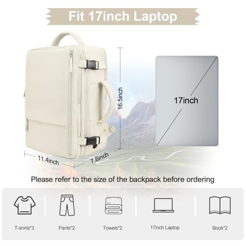 Hanples Travel Backpack for Women Men Large Carry On Person Item Flight Approved 17 In Laptop Backpack Waterproof anti theft Casual Luggage with 2 Toiletry Bag(Beige) - color: Beige, size: Large