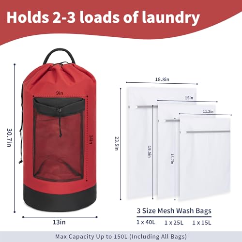 150L Laundry Bag Backpack with 3 Sizes Mesh Wash Bags and Shoulder Straps Foldable Clothes Hamper Bag with Drawstring Closure for College, Apartment, Laundromat(Red) - color: Bright Red
