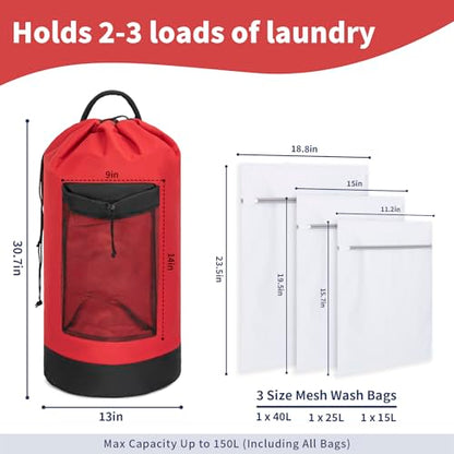 150L Laundry Bag Backpack with 3 Sizes Mesh Wash Bags and Shoulder Straps Foldable Clothes Hamper Bag with Drawstring Closure for College, Apartment, Laundromat(Red) - color: Bright Red
