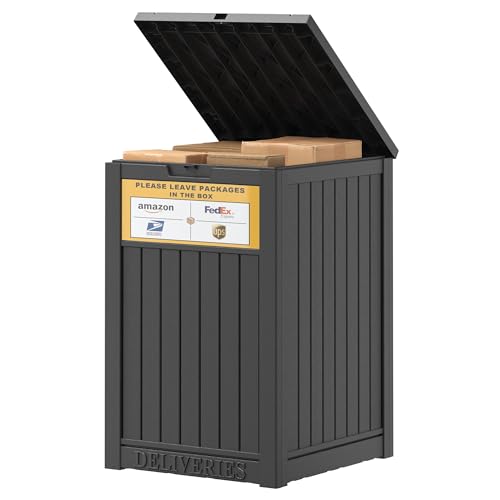 LHBGO Package Delivery Box for Outside, with Delivery Sign 48 Gallon Storage with Lockable Secure, Large Resin Outdoor Package Drop Container - color: Black with Delivery Sign