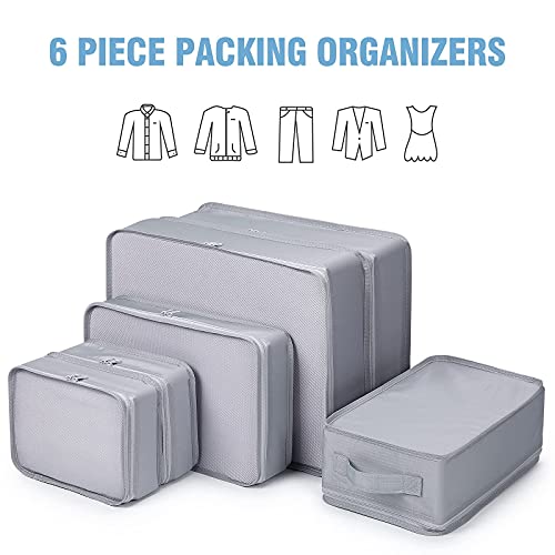 Mossio 6 Set Packing Cubes with Shoe Bag - Lightweight Travel Luggage Suitcase Organizers - color: Grey