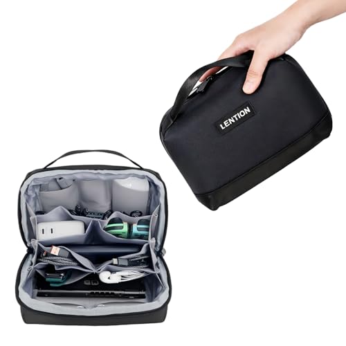 LENTION Premium Electronics Organizer Case with Handle, Large Multi-Compartment Travel Tech Bag for Tablet, Macbook Chargers, Cables, AirPods, Hard Drive Case Waterproof Travel Accessory(M372 Black) - color: Black