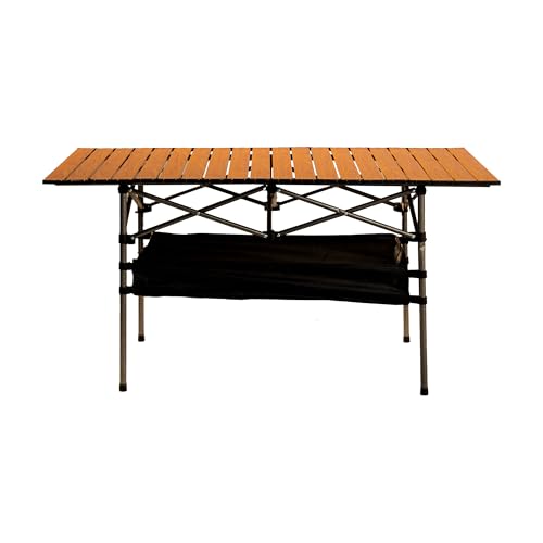 Outdoor Folding Table, 7.93LBS Ultralight Camping Table with Built-in Storage & Carry Bag, 225LBS Heavy Duty Aluminum Tabletop Carbon Steel Frame for Camping, Picnic, Beach, BBQ - color: Wood