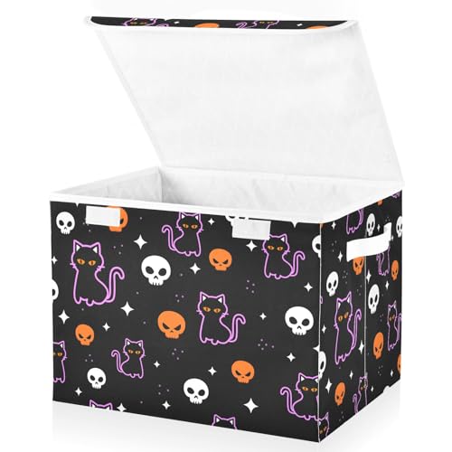 senya Halloween Storage Baskets Collapsible Storage Bins with Lids, Halloween Colored Skulls Black Cat Storage Boxes Clothes Baskets for Organizing - color: Multi