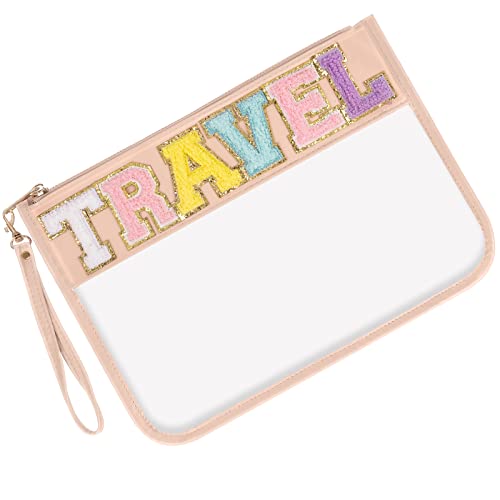 Iqimott Chenille Letter Clear Bag Travel Pouch, Monogram PVC & PU Makeup Cosmetic Bag Zipper Toiletry Pouch, Waterproof Portable Beach Snack Wristlet Bags for Women Girls(Travel, Pink) - color: Travel-NewPink