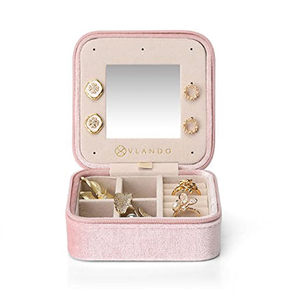 VLANDO Small Travel Jewelry Box Organizer Display Case for Rings Earrings Necklaces Storage, Selected Soft Velvet, Letter A Engraved, Pink - color: b. Powder Pink A
