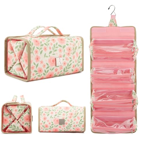 ROYALFAIR Roll Up Makeup Bag, Travel Toiletry Bag for Women with 4 Clear TSA Approved Pouches, Hanging Travel Organizer, Folding Cosmetic Bag for Men and Women - color: printing