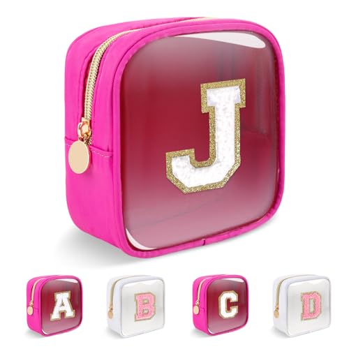 Personalized Initial Letter Clear Preppy Makeup Bag,Mini Nylon Chenille Letter Cosmetic Bag Cute Zipper Pouch Coin Purse for Teen Girls,Portable TSA Approved Travel Essentials Bag Gift for Women,J - color: Mini-Hot Pink, size: J