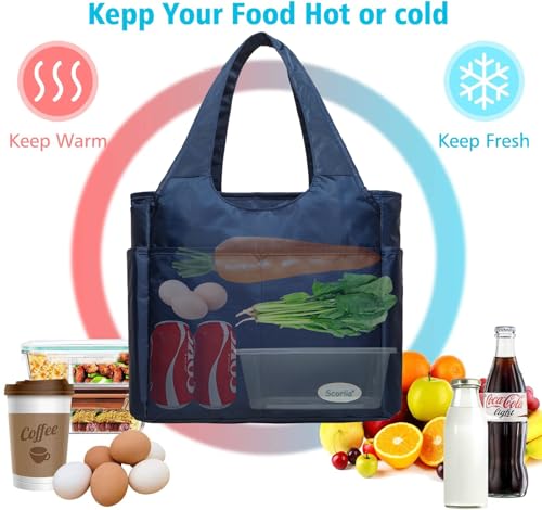 Extra Large Insulated Lunch Tote Bag for Women Men, Leakproof Cooler Lunch Box Shoulder Purse with Side Pockets for Work - Blue - color: Blue
