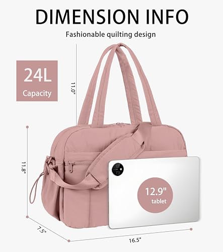 Lightweight Travel Duffle Bag for Women, Quilted Puffy Weekender with Wet Pocket for Gym, Overnight, Personal Item Carry On, Dark Pink - color: Dark Pink