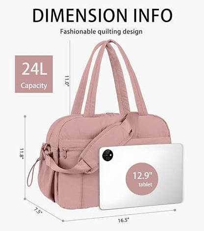 Lightweight Travel Duffle Bag for Women, Quilted Puffy Weekender with Wet Pocket for Gym, Overnight, Personal Item Carry On, Dark Pink - color: Dark Pink