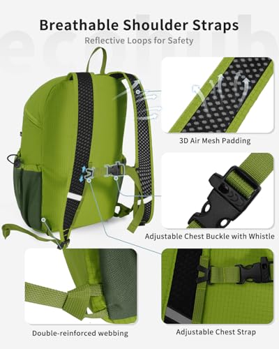 ECOHUB 15L Lightweight Casual Daypack, Packable Backpack for Daily Use, Hiking & Travel, Foldable Small Backpack with Stretch Mesh Pockets, Water-Resistant Nylon, Reflective Design - color: Green