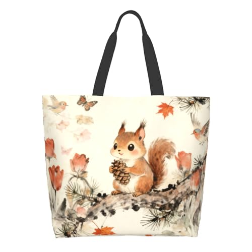 Shoulder Bag Large Reusable Eco-friendly Shopping Bags Portable Storage Handbag | Large - color: Cute Squirrel Pinecone