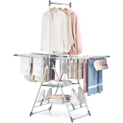 APEXCHASER Clothes Drying Rack with High Hanger, Foldable 3-Level Drying Racks with Shoe Rack, Crossbar and Vertical Rod Laundry Stand with Adjustable Wings Grey - color: Gray, size: 2 Wings
