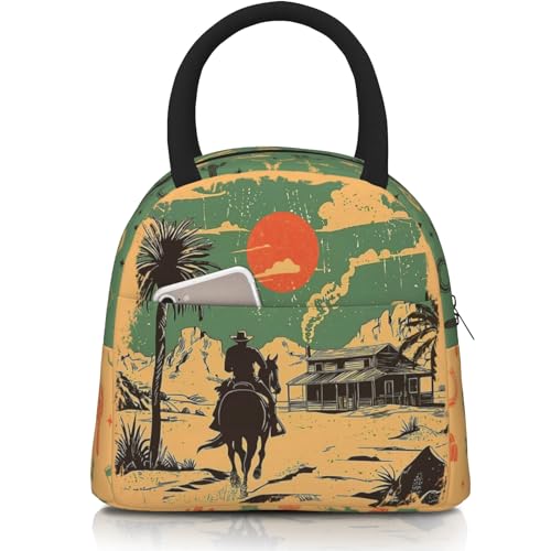 Western Cowboy Lunch Box for Women Men Insulated Vintage Western Lunch Box Reusable Desert Cowboy Lunch Bag Large Containers Cooler Lunch Tote Bag for Office Work Picnic Hiking - color: Cowboy