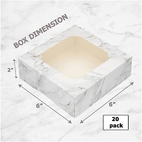 20 Pack Bakery Boxes with Window Small 6x6x2 inch for Cookie, Candy, Pastry, Brownie, Chiffon Cake, Tart, Pie, Waffle (White Marble) - color: White Marble