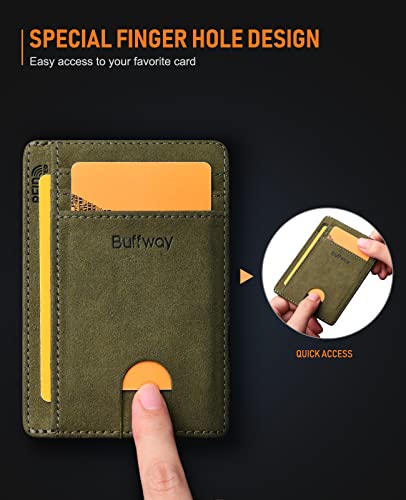 Buffway Slim Minimalist Front Pocket RFID Blocking Leather Wallets for Men and Women - At Sahara Desert Green - color: At Sahara Desert Green