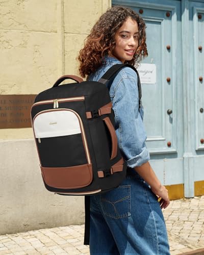 LOVEVOOK 40L Travel Backpack Carry on Flight Approved,Personal Item Bag with 3 Packing Cubes, Travel Backpack Bag for Women Fits 17" Laptop, Water-resistant Carry On Backpack for Airplanes - color: Black & Brown, size: 40L-4PCS