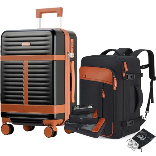 Lumesner 5 Piece Luggage Sets with Travel Backpack, 20" Carry On Hardside Spinner Suitcases, TSA Lock, Durable PC (Black, 5 piece set (20inch)) - color: Black(20inch-5piece Set)