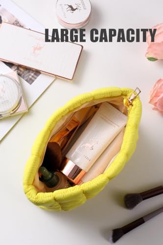 Puffy Quilted Makeup Bag, Cosmetic Bag, Travel Toiletry Organizer Pouch, Clutch for Women (Yellow) - color: Yellow