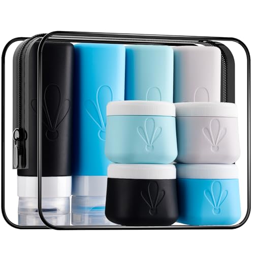 INSFIT travel bottles for toiletries 8 Pack, Leak proof Travel Size Toiletries Containers with toiletry bag, Squeezable Silicone Bottles & Cream Jars, Travel Essentials BPA-Free kit for Shampoo - color: 8Pack Light Blue