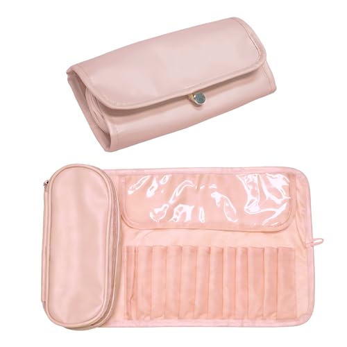 Folding Makeup Brush Bag,Travel Toiletry Bag with Separate Brush Compartment for Brushes & Skincare, Toothbrush Holder,Rollup & Open Flat cosmetic Organizer,Portable Waterproof &Hanging (Pink) - color: Pink