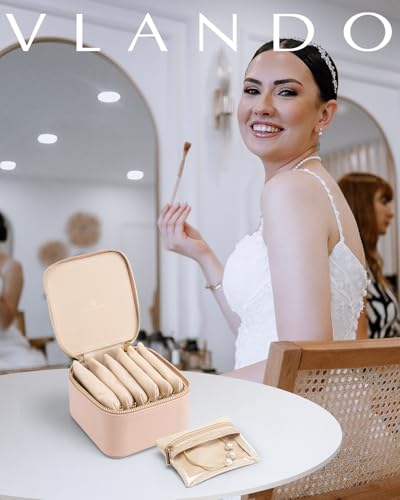 Vlando Jewelry Travel Case,Travel Jewelry Organizer with Clear Velvet Jewelry Bags 6Pcs Zipper Pouch for Women Gift Ideas for Birthday Wedding Graduation-Khaki - color: B.6PCS Khaki
