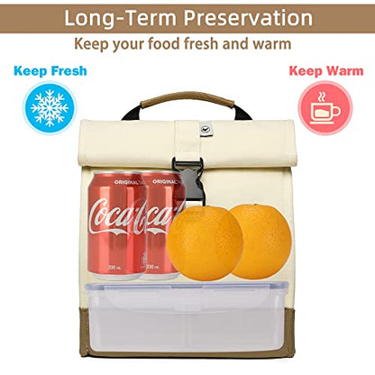 SUNNY BIRD Insulated Lunch Bag Rolltop Lunch Box Medium Lunch Cooler Tote for Women, Girls, Teens and Adults (White) - color: White