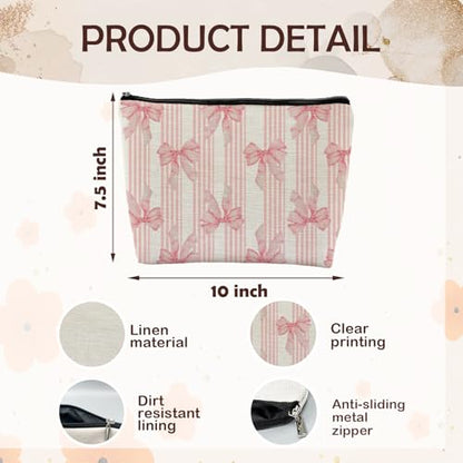 Coquette Pink Bow Makeup Bag, Coquette Gifts Supplies Cosmetic Bags for Women, Pink Preppy Striped Canvas Cheer Zipper Makeup Bag Pouches for Purse - color: Pink Bow