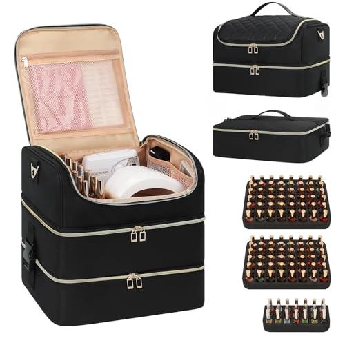 Extra Large Nail Polish Organizer Holds 117 Bottles - Three Layer Nail Organizers And Storage Bag, Portable Nail Supplies Organizer Case, Nail Tech Kit Travel Carrying Box with Shoulder Strap - color: Black, size: 117 Slots