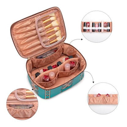 Montana West X Wrangler Travel Makeup Bag 2pcs Set Large Cosmetic Bag with Makeup Brush Holder Portable Make Up Organizer Cute Toiletry Bag with Divider and Handle for Women Aztec - color: Turquoise