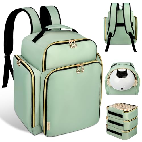 Nail Polish Organizer Backpack Holds 126 Bottles& Nail Lamp, Extra Large Nail Kit Supplies Organizer Bag with 3 Removable Cases, Portable Nail Organizers and Storage for Travel (Green) - color: Green
