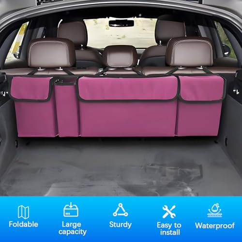 Car Trunk Organizer with Lid, Large Waterproof Vehicle Backseat Hanging Storage Bag with 4 Pockets & Adjustable Straps, Collapsible Automotive Interior Cargo Bag, Universal Fit (Purple) - color: Purple