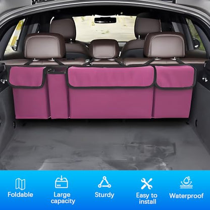 Car Trunk Organizer with Lid, Large Waterproof Vehicle Backseat Hanging Storage Bag with 4 Pockets & Adjustable Straps, Collapsible Automotive Interior Cargo Bag, Universal Fit (Purple) - color: Purple