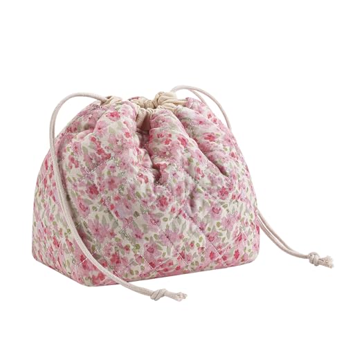 Cotton Quilted Drawstring Makeup Bag with Canvas Lining,Coquette Aesthetic Cute Travel Toiletry Bag,Drawstring Gift Bag for Women and Girls（18 Watercolor Pink Flower） - color: 18watercolor Pink Flower