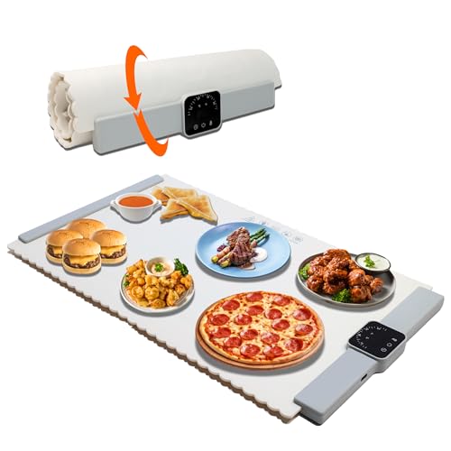 FOOD WARMING MAT, Electric Portable Silicone Warming Plate, Roll Up Heating Tray for Food, 5 Heat Levels, 24x15.7, (White)