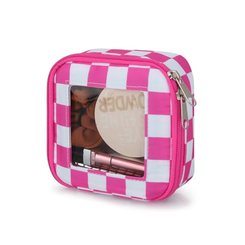DOB SECHS Mini Checkered Bag for Purse 5.1'' x 5.1'' Small Makeup Bag for Car Cute Clear Cosmetic Bags with Zipper, Tiny Toiletry Bag Lipstick Organizer Pouch Travel Essentials Storage Pouch, Hot Pink - color: Hot Pink