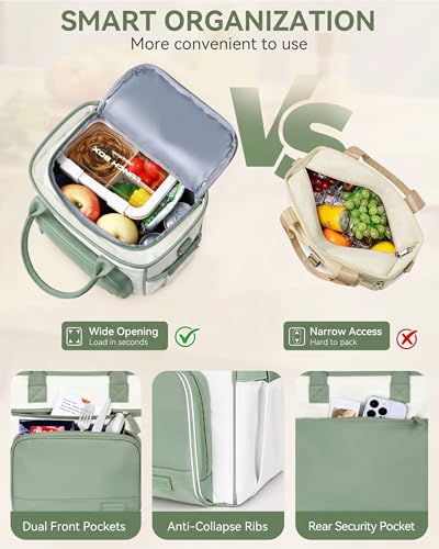 HOMESPON Insulated Lunch Bag Women Wide Opening Adult Lunch Box Large Leakproof Cooler Bag for Work Picnic Beach Family College Lunch Teacher Tote Bag with Adjustable Shoulder Strap Cup Holder(Green) - color: Green
