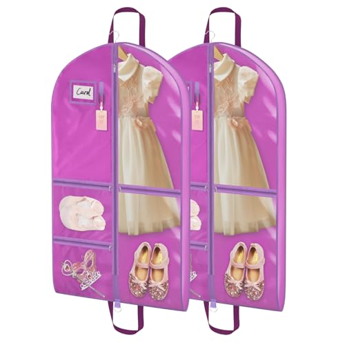 Univivi Dance Costume Garment Bag, 40" Waterproof Hanging Garment Bag for Travel, Kids Dance Clothes Bag with 5 Clear Pockets and Handles for Dance Costumes and Sports, Purple - [2 Pack] - color: Purple, size: 2 Pack