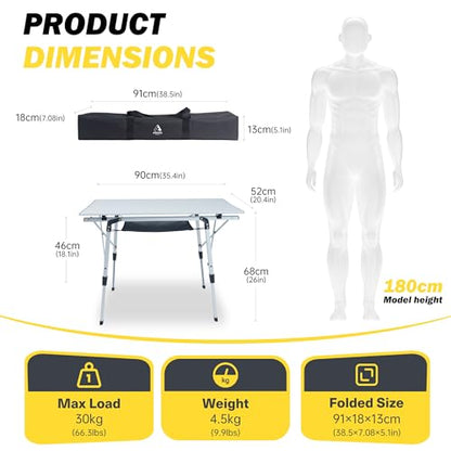 Portable Camping Table with Adjustable Hight Legs, Lightweight Aluminum Folding Beach Table with Mesh Net,Carrying Bag for Outdoor Cooking, Picnic, Beach, Backyards, BBQ and Party - color: Sliver Grey-90cm