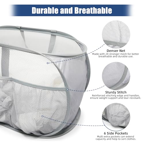 2 Pack Collapsible Laundry Baskets, Upgrade Pop Up Laundry Hamper with Convenient Bags, Foldable Laundry Basket Mesh Light Weight, Easy to Carry Clothes Hampers for Laundry, Dorm, Toys, Travel Grey - color: 2xGrey
