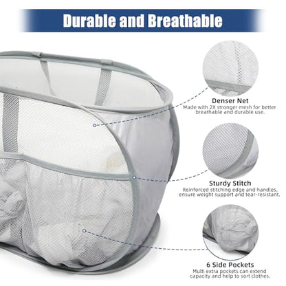 2 Pack Collapsible Laundry Baskets, Upgrade Pop Up Laundry Hamper with Convenient Bags, Foldable Laundry Basket Mesh Light Weight, Easy to Carry Clothes Hampers for Laundry, Dorm, Toys, Travel Grey - color: 2xGrey