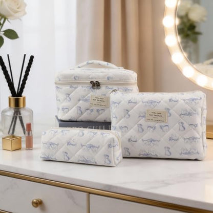 3PCS Coquette Makeup Bag，Quilted Cosmetic Bag Large Make Up Bag Set，Quilted Portable Toiletry Organizer Bag，Cotton Travel Skincare Bag for Women Girls (01-Blue Cat) - style: 01-blue Cat