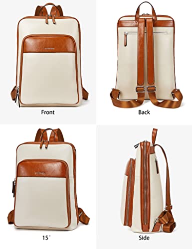 BOSTANTEN Leather Laptop Backpack for Women 15.6 inch Computer Bag Travel Work Daypack - color: 1-beige&brown